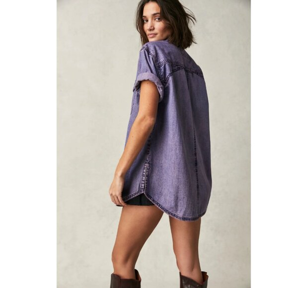 FREE PEOPLE The Short Of It Denim Top - Orchid Overdye - Small - Factory Sealed - Picture 11 of 13